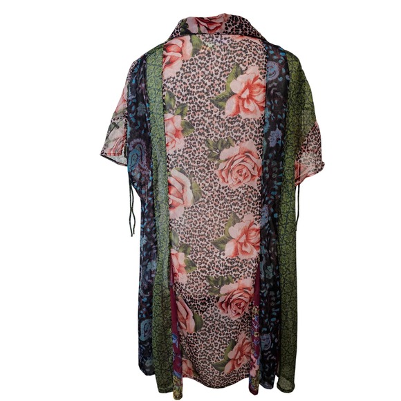 Free People Patchwork Floral Leopard Print Sheer Button Down Shirt Dress Tunic - Picture 3 of 5